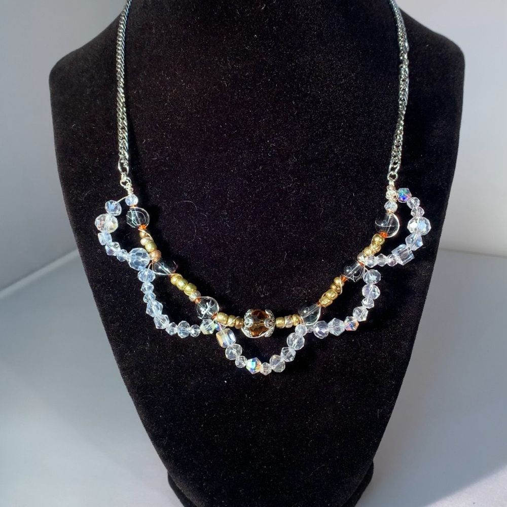 SOLAR RELIC — Handcrafted Amber & Clear Layered Glass Beaded Necklace